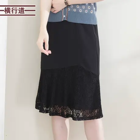 拼接蕾丝中长款半身裙2023新款夏松紧腰纯色洋气大码休闲显瘦女裙图片