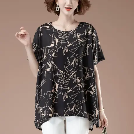 雪纺衫女夏短袖加肥加大码女装宽松中年妈妈休闲遮肚子中长款t恤商品大图