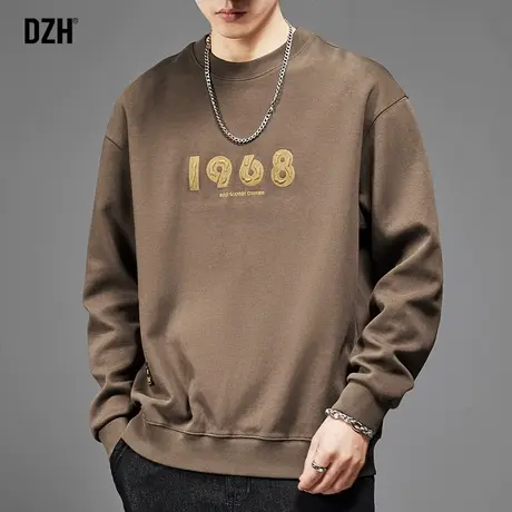 男士咖啡色重磅卫衣男秋季潮牌圆领长袖上衣美式男装2023新款百搭商品大图