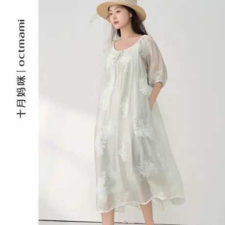 十月妈咪孕妇圆领系带绣花连衣裙2025新款夏季外穿宽松遮肚裙夏装商品大图