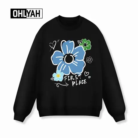 Ohlyah品牌秋冬时尚蓝绿花卉印花情侣卫衣男女款大码潮流长袖圆领商品大图
