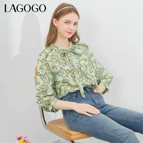 LAGOGO舒适轻盈碎花衬衫女拉谷谷春夏新款波西米亚九分袖V领上衣商品大图
