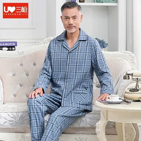 三枪睡衣男纯棉秋季新宽松格子薄款长袖开衫翻领中老年家居服套装图片