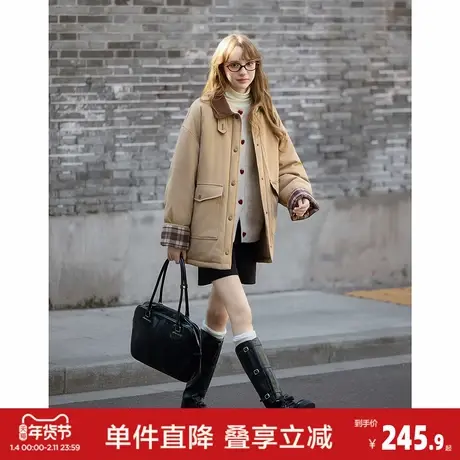 唐狮2026秋冬季短款棉衣女灯芯绒翻领拼接格纹袖口设计感时尚百搭图片