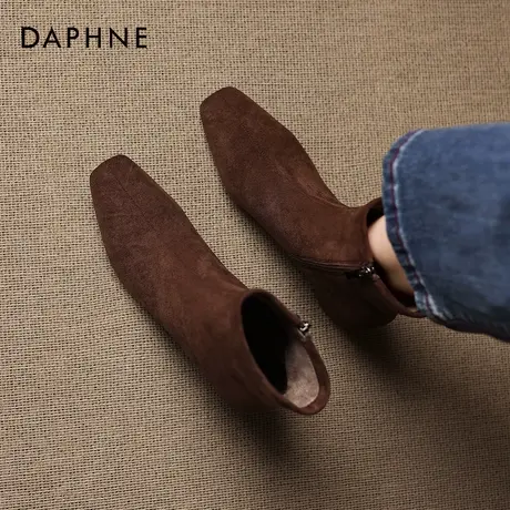 达芙妮粗跟短靴女2026新款冬季内增高法式马丁靴方头绒面瘦瘦靴子图片