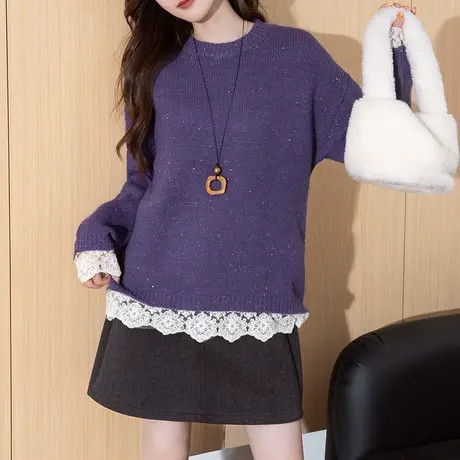 唐狮秋冬潮流蕾丝边设计圆领套头毛衣针织衫女气质百搭TM图片