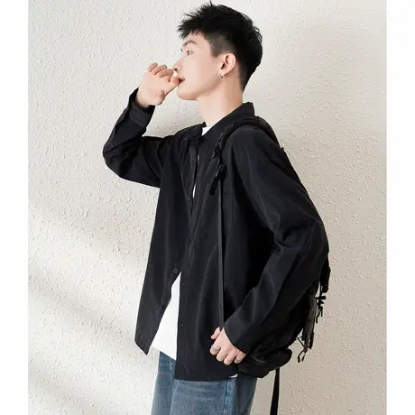 唐狮春季纯色桃皮绒开衫男长袖港风日系宽松薄款内搭灰色上衣TM图片