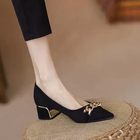 职业单鞋女秋季2023新款小香风软底绒面粗跟法式OL职业尖头高跟鞋商品大图