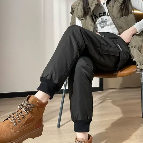 外穿羽绒裤女冬季新款高腰直筒宽松束脚工装小个子加厚保暖棉裤子图片