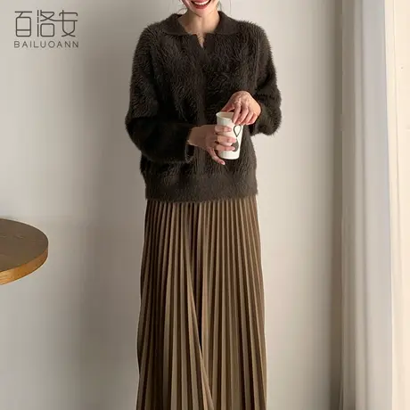 百洛安慵懒风宽松软糯套头毛衣秋冬新款设计感小众复古翻领针织衫商品大图