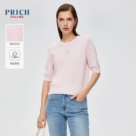 PRICH24春新款浪漫淑女logo珠绣蓬感泡泡袖罗纹圆领挑孔针织衫女商品大图