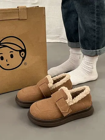 加绒女鞋厚底一脚蹬豆豆鞋2023新款冬季保暖勃肯鞋复古磨砂皮棉鞋商品大图