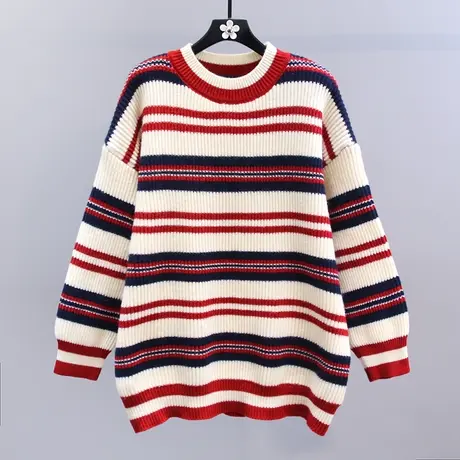 日系慵懒风撞色条纹毛衣女秋冬2023新款宽松中长款设计感针织上衣商品大图