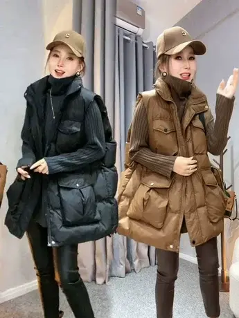 欧货设计感拼接抽绳立领羽绒马甲女2023冬季新款宽松遮肉百搭上衣商品大图