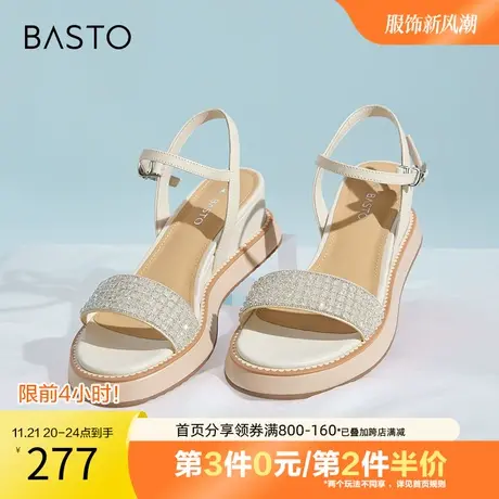 百思图2023夏季新款商场同款时髦闪钻坡跟一字带女凉鞋TCN38BL3图片