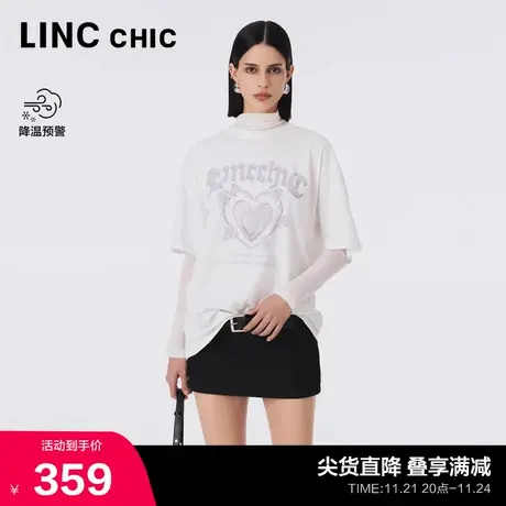 LINCCHIC金羽杰T恤2023新款休闲圆领白色印花短袖女T恤S233TS437Y商品大图