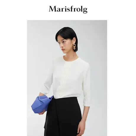 【桑蚕丝】玛丝菲尔春夏自然白色通勤七分袖圆领衬衫商品大图