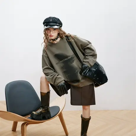 美式复古圆领卫衣女春秋2023新款宽松oversize潮牌设计感套头上衣商品大图