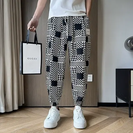 夏季裤子男休闲裤格子九分裤哈伦裤宽松潮流薄款运动学生卫裤ins商品大图