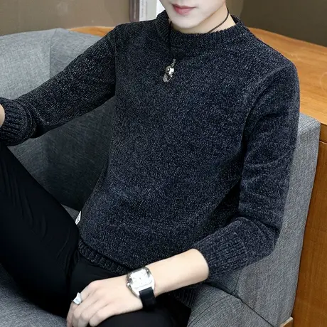 男士雪尼尔毛衣2023秋冬装纯色青年圆领加绒加厚保暖针织衫线衣男商品大图
