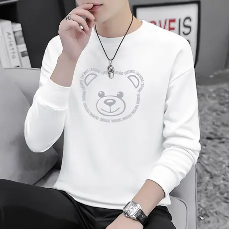 2024新款小熊卫衣男圆领无帽上衣宽松潮流秋冬季加绒白色长袖t恤商品大图