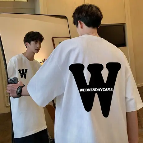 短袖t恤男夏季薄款潮流华夫格宽松半袖vintage美式高街圆领体恤衫商品大图