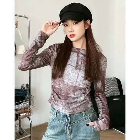 尔给春秋修身网纱打底衫2023新款女薄纱美式复古t恤长袖短款上衣商品大图