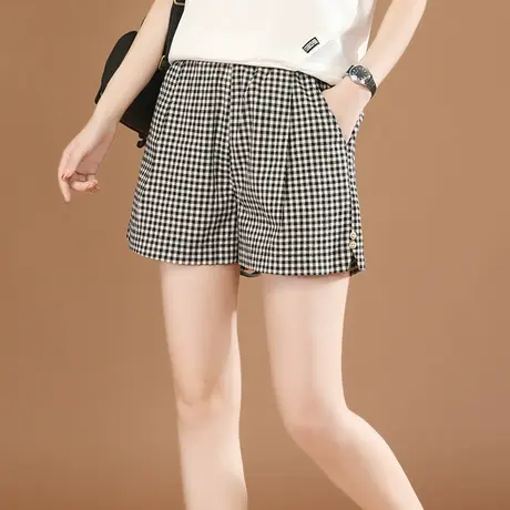 韩潮袭人松紧腰哈伦休闲格裤子短裤女2024夏季新款薄款热裤阔腿裤商品大图