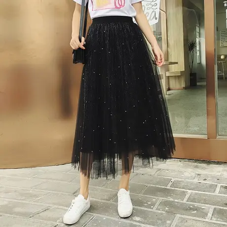 【换购10】春秋新款百褶钉珠闪亮丝仙女裙中长网纱半身裙a字大摆图片