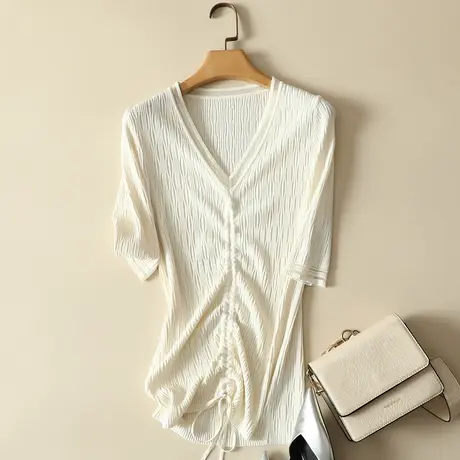2024春夏新款复古V领性感冰丝针织打底衫抽绳修身内搭短款上衣女商品大图