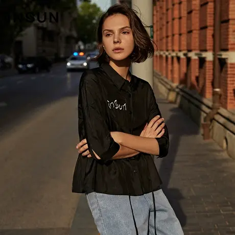 恩裳奥莱春季秋季撞色绣花抽绳收腰修身半袖桑蚕丝真丝衬衫图片