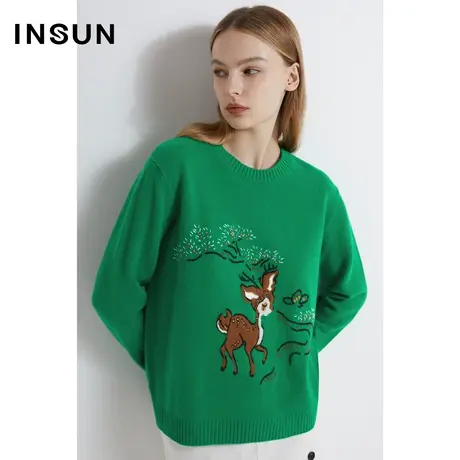 INSUN恩裳线上专选冬季羊毛提花休闲小鹿毛针织衫商品大图