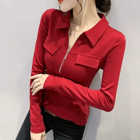 拉链POLO领长袖T恤女别致设计感小众上衣修身气质内搭打底衫春秋商品大图