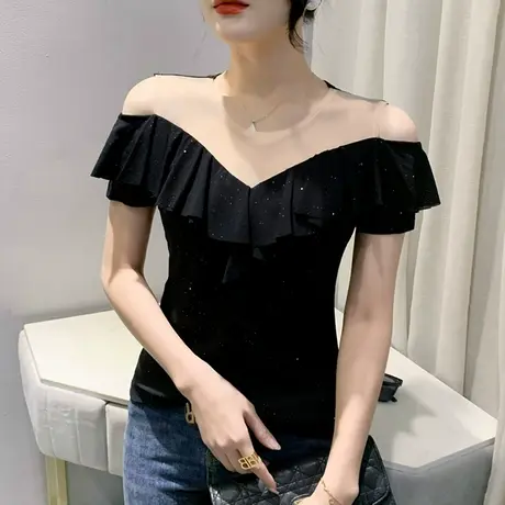 性感露肩网纱T恤女短袖时尚荷叶边上衣名媛气质小衫紧身百搭半袖图片