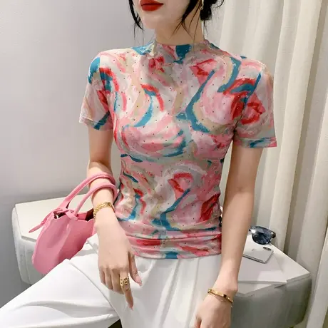 2024夏装新款气质雪纺衫女短袖扎染印花别致上衣修身网纱小衫半袖图片