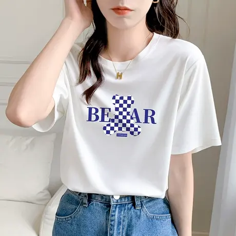 正肩纯棉短袖t恤女夏季2023年新款宽松白色体恤显瘦半袖上衣ins潮商品大图