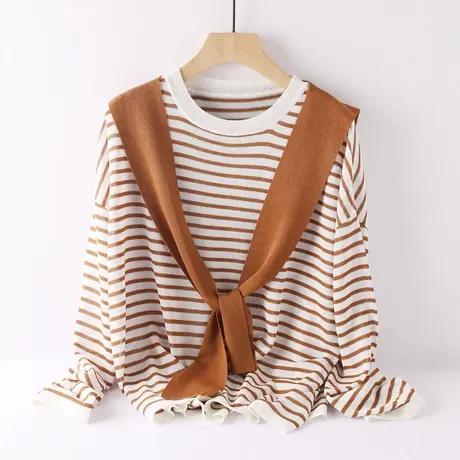 海军领冰丝针织衫套头长袖条纹减龄日系宽松假两件慵懒风夏季外穿商品大图