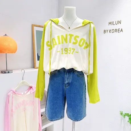 2023夏新款防晒衫韩国东大门chic复古美式字母连帽V领薄款长袖T恤图片