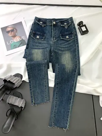 假口袋链条牛仔小脚裤女2023秋季新款小个子高腰裤弹力包臀九分裤商品大图