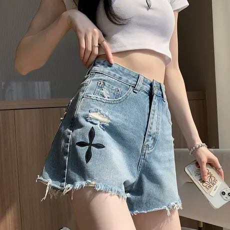 破洞牛仔短裤女夏季薄款十字架高腰a字宽松显瘦浅色毛边阔腿热裤商品大图