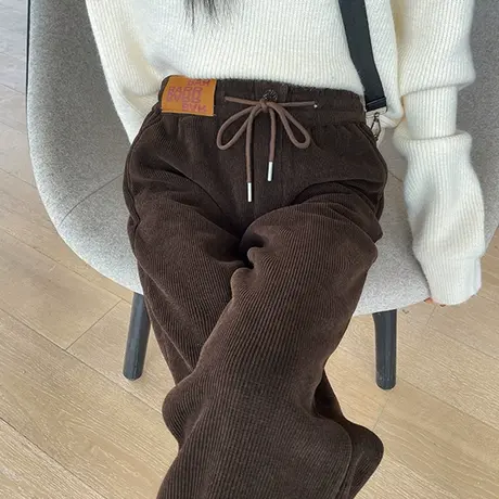 雪尼尔咖色哈伦裤女冬新款高腰灯芯运动束脚大码加绒加厚九分卫裤商品大图