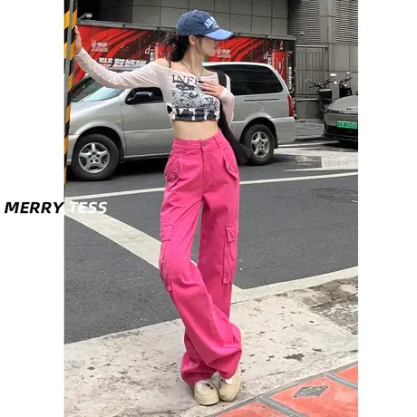 粉色直筒工装裤女2023年秋季新款设计感口袋百搭修身宽松潮阔腿裤商品大图