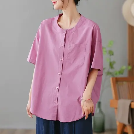 dza 文艺复古纯色全棉衬衫女2023夏薄款短袖衬衣宽松显瘦开衫上衣商品大图