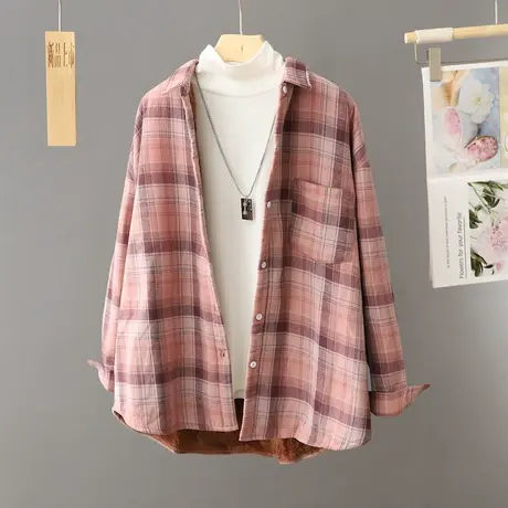 2024冬季新款加厚加绒休闲格子衬衫外套女士宽松保暖韩版宽松衬衣商品大图