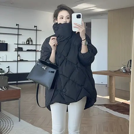 冬季可可华夫加厚白鸭绒服 轻暖自在~侧扣菱形立领羽绒服保暖外套图片