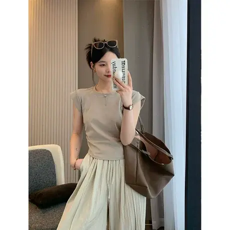 十三行新版！捏褶设计显瘦飞飞袖无袖纯色圆领T恤背心外穿上衣女商品大图