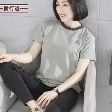撞色绣花宽松短袖T恤简约大码妈妈韩版2025新款夏装女士上衣半袖商品大图