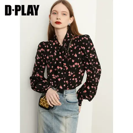 DPLAY新法式复古优雅暗夜鸢尾印花衬衫蝴蝶结系带宽松上衣商品大图