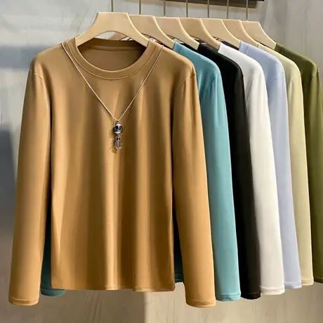 2023春装男士圆领长袖T恤 韩版修身丝光棉纯色打底衫春季上衣男潮商品大图