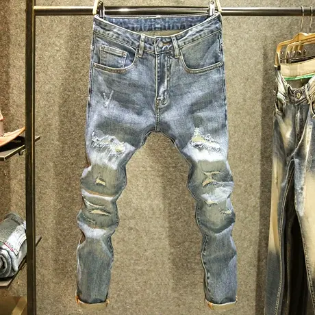 秋季男生九分牛仔裤潮牌破洞修身小脚裤街头痞帅刮烂补丁乞丐裤子商品大图